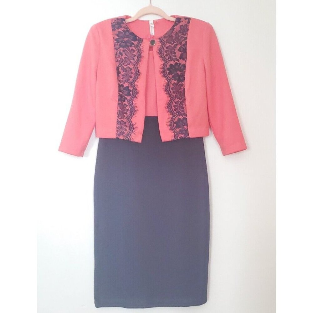 NY Collection Women's 2 Piece Dress Set Navy Peach Size 8 NWT Back Zip 3/4 Sleev